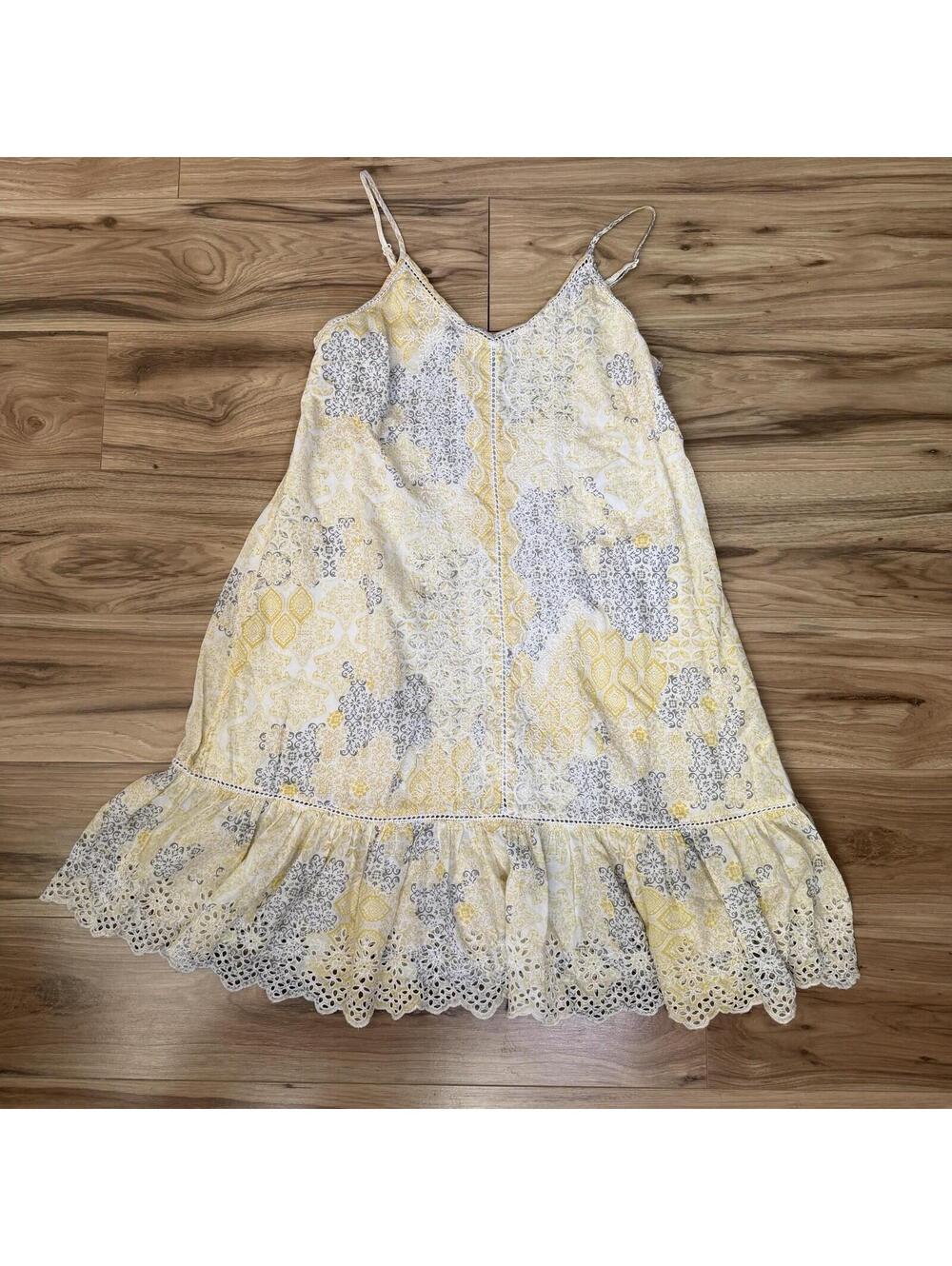 Rachel Zoe Yellow Gray Boho Print Cotton Dress Eyelet Lace Hem Smocked Size M